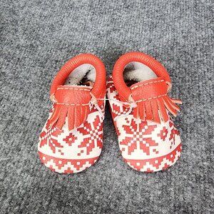 Freshly Picked Baby City Moccasins size 1 Red and white Fringe Leather Christmas